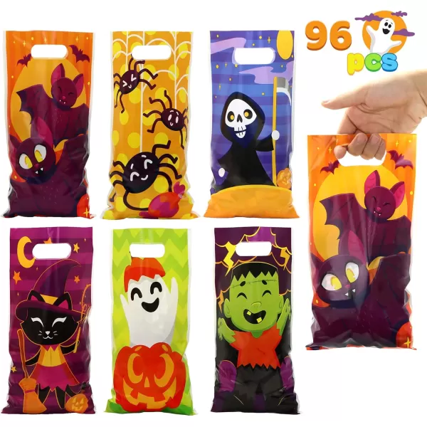 JOYIN 96 Pcs Halloween Candy Treat Bags in 6 Multi Character Designs Halloween Goodie Gift Bags Party Favors Halloween Trick or Treat Bags Event Party Supplies