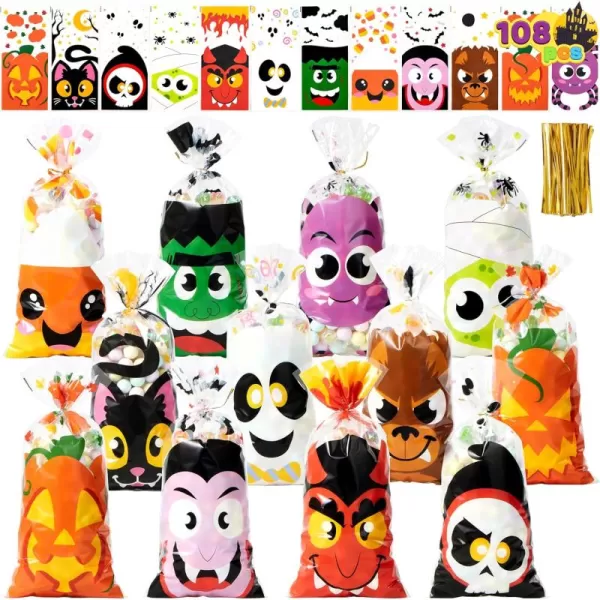 JOYIN 108 Pcs Halloween Cellophane Bags with Twist Tie Candy Treat Bags Sweet Bags Gift Bags Party Favors for Halloween Day Table Decor and Party Favor
