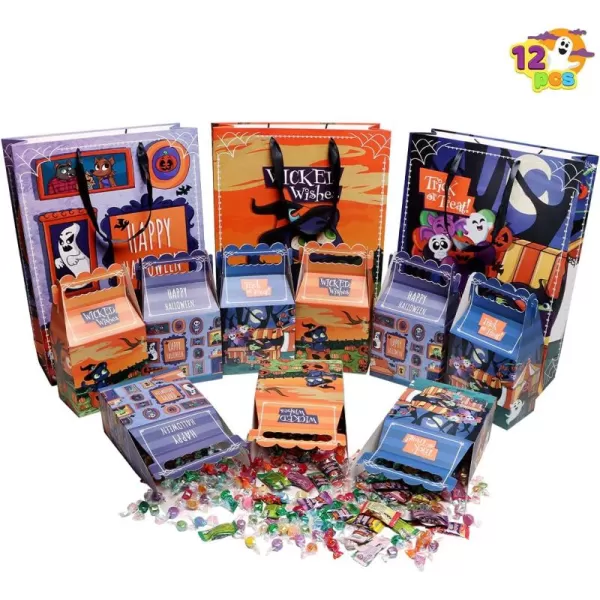 JOYIN 12 PCS Halloween Treat Bags Set Includes 9 Mini Halloween Treat Boxes and 3 Large Cardboard Paper Tote Bags for Trick or Treat Halloween Goodie Bags for Gift Kids Halloween Party Favor