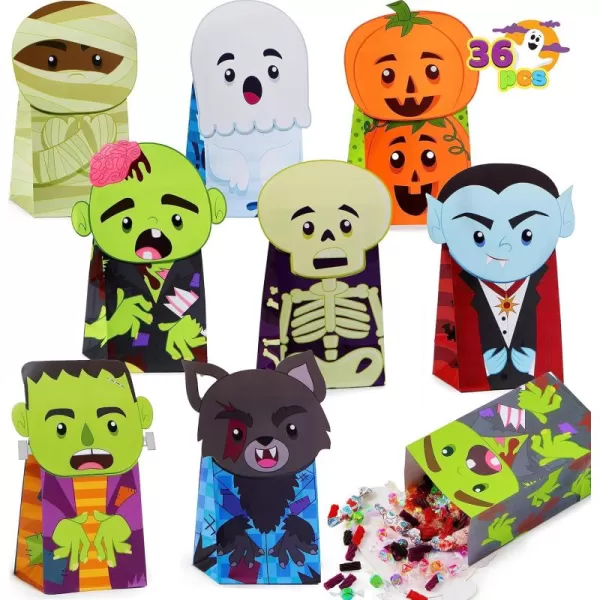 JOYIN 36PCS Halloween Treat Goodies Bags 5  8quot DieCut Flip Over Candy Box Bulk Gift Bag for Trick or Treating 8 Design NonCandy Trick or Treat Cookies Box for Kids Halloween Party Favor Supplies