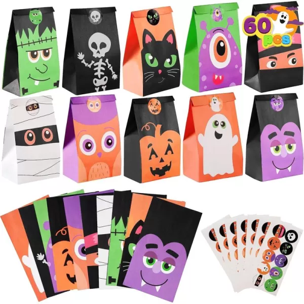 JOYIN 60 PCS Halloween Characters Paper Treat Bags Trick or Treat Goodie Bags Candy Bags with Stickers for Halloween Party Favor Supplies