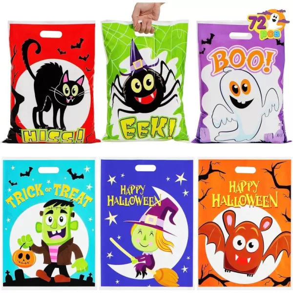 JOYIN 72 PCS Halloween Candy Bag for Trick or Treat Halloween Treat Bags with 6 Designed Characters Halloween Plastic Goodie Gift Bags for Party Favors Party Supplies