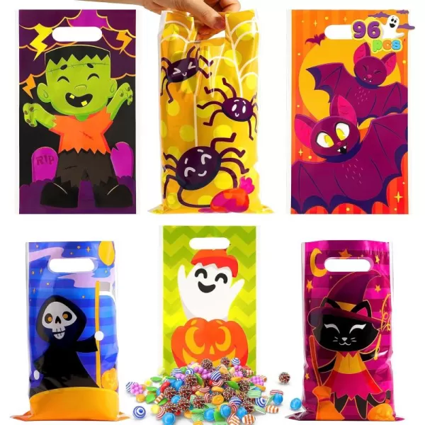 JOYIN 96 Pcs Halloween Candy Treat Bags in 6 Multi Character Designs Halloween Goodie Gift Bags Party Favors Halloween Trick or Treat Bags Event Party Supplies