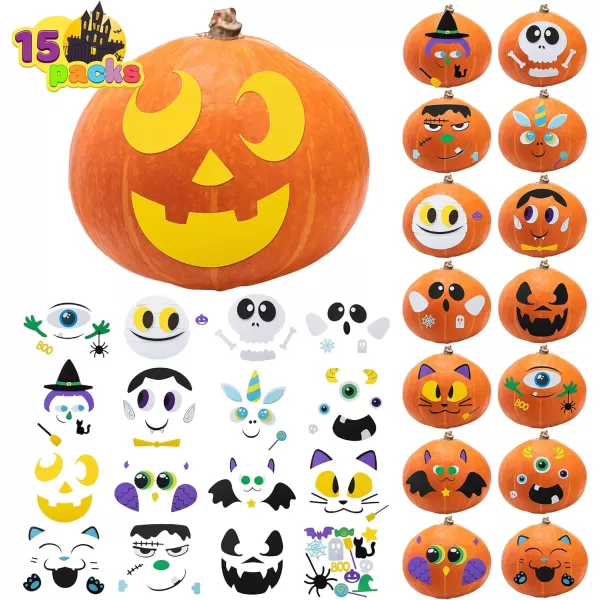 JOYIN 15 Packs Halloween Pumpkin Decorating Stickers Foam Craft Kit Party Supplies Party Favors for Kids Cute Pumpkin Foam Stickers Jack O Lantern Face Stickers School Arts Activities Games Gifts