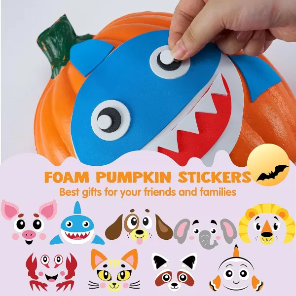 JOYIN 18 Packs Halloween Pumpkin Decorating Stickers Craft Kit Halloween Party Supplies Arts Activities Kids Party Favors Jack O Lantern Foam Face Sticker in 9 Animal Designs Classroom Party Games