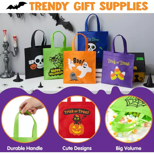 JOYIN 24pcs Halloween NonWoven Treat Bags 9quot Goodie Totes Bags with Handles Halloween Candy Bags for Kids Trick or Treating 6 Cute Designs Gift Bags Party Favor Supplies