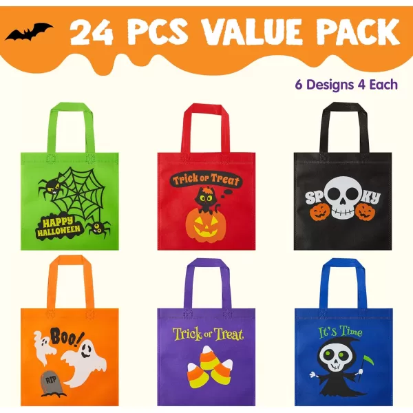JOYIN 24pcs Halloween NonWoven Treat Bags 9quot Goodie Totes Bags with Handles Halloween Candy Bags for Kids Trick or Treating 6 Cute Designs Gift Bags Party Favor Supplies