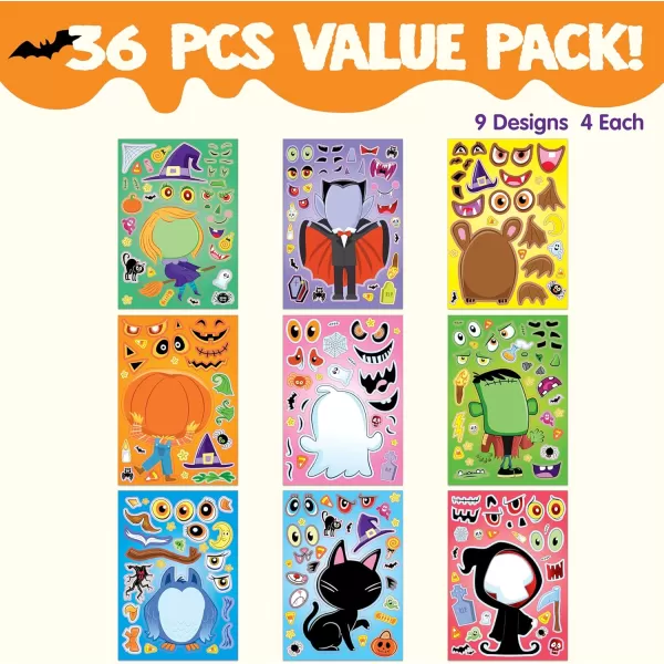 JOYIN 36 Pcs Halloween Make a Face Stickers for Kids Halloween Crafts Party Supplies Halloween Party Favor Funny Stickers with 9 Designs Halloween Games Classroom Art Activities Goodies TreatsCute Stickers