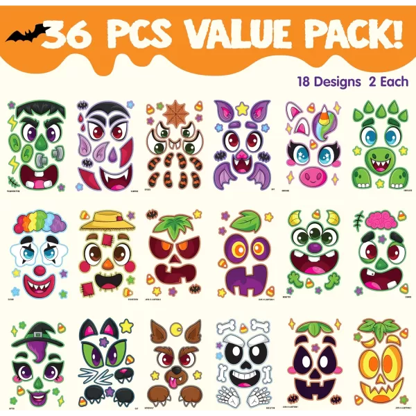 JOYIN 36 Pcs Halloween Pumpkin Face Stickers Halloween Party Favor Craft for Kids Halloween Party Supplies Pumpkin Decorating Sticker for Jack O Lantern with 18 Designs Classroom Activities Game