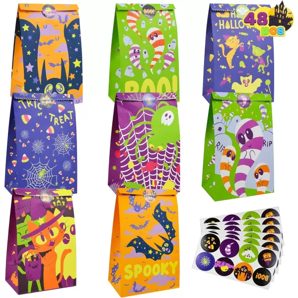 JOYIN 48 Pcs Halloween Paper Treat bags in 8 designs Halloween Trick or Treat Bags with Stickers Halloween Candy Bags Goodie Gift Bags for Halloween Party Favor Party Supplies