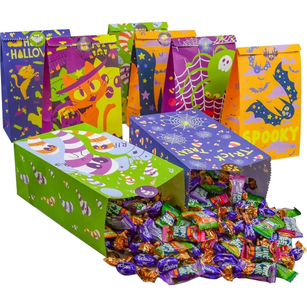 JOYIN 48 Pcs Halloween Paper Treat bags in 8 designs Halloween Trick or Treat Bags with Stickers Halloween Candy Bags Goodie Gift Bags for Halloween Party Favor Party Supplies