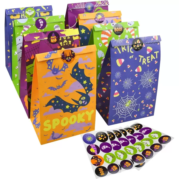 JOYIN 48 Pcs Halloween Paper Treat bags in 8 designs Halloween Trick or Treat Bags with Stickers Halloween Candy Bags Goodie Gift Bags for Halloween Party Favor Party Supplies
