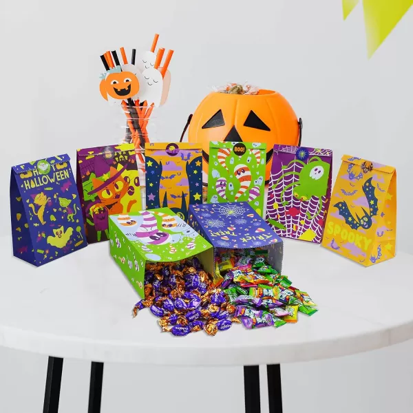 JOYIN 48 Pcs Halloween Paper Treat bags in 8 designs Halloween Trick or Treat Bags with Stickers Halloween Candy Bags Goodie Gift Bags for Halloween Party Favor Party Supplies