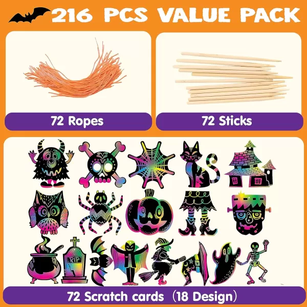 JOYIN 72 Pcs Halloween Rainbow Scratch Art Crafts for Kid Halloween Party Favors Scratch Paper for Party Supplies Classroom Activities Gifts Party Game Goodies Scratch Off Paper with 18 Designs