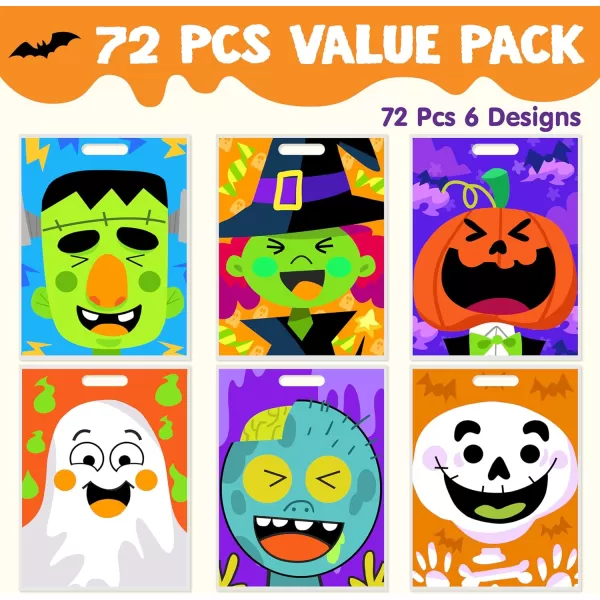 JOYIN 72 Pcs Halloween Treat Bags with 6 Designed Characters Halloween Plastic Goodie Bags Halloween Candy Bags Halloween Trick or Treat Bags for Halloween Snacks Stuffers Party Favor Supplies