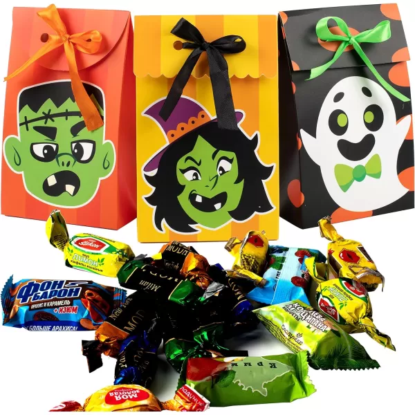 JOYIN Halloween Candy Bags Treat Boxes12 Pieces Halloween Paper Bags Trick or Treat Halloween Sweet Goodie Bags with Ribbon Halloween Party Favors Gift Bags