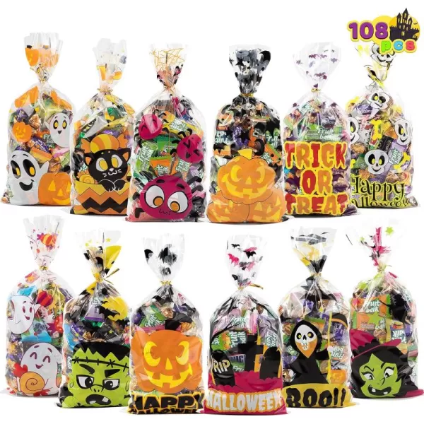JOYIN 108 Pcs Halloween Cellophane Bags in 12 Halloween Classies Pattern Designs for TrickorTreating Halloween Party Favors Halloween Party Supplies Birthday Gifts Bags and Decoration