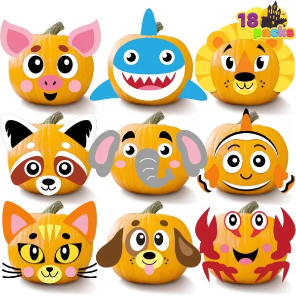 JOYIN 18 Packs Halloween Pumpkin Decorating Stickers Craft Kit Halloween Party Supplies Arts Activities Kids Party Favors Jack O Lantern Foam Face Sticker in 9 Animal Designs Classroom Party Games