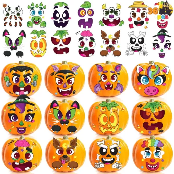 JOYIN 36 Pcs Halloween Pumpkin Face Stickers Halloween Party Favor Craft for Kids Halloween Party Supplies Pumpkin Decorating Sticker for Jack O Lantern with 18 Designs Classroom Activities Game