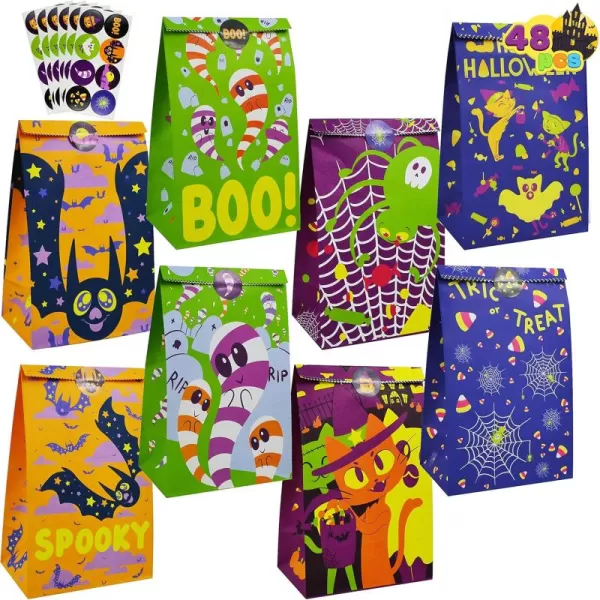 JOYIN 48 Pcs Halloween Paper Treat bags in 8 designs Halloween Trick or Treat Bags with Stickers Halloween Candy Bags Goodie Gift Bags for Halloween Party Favor Party Supplies