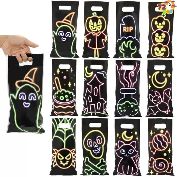 JOYIN 72 Pcs Halloween Candy Bag See Through Design with 12 Different Characters Halloween Treat Bag for Candy Bags Small Trick or Treat Bags Plastic Goodie Bags Halloween Party Favors