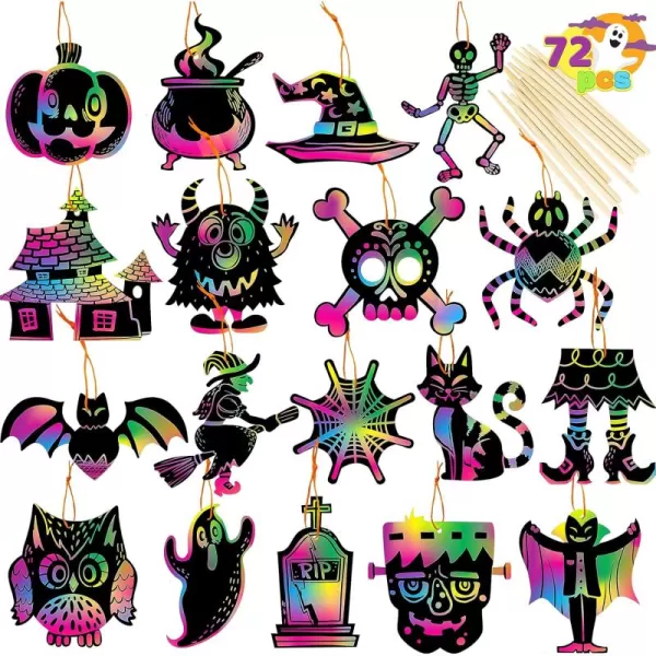 JOYIN 72 Pcs Halloween Rainbow Scratch Art Crafts for Kid Halloween Party Favors Scratch Paper for Party Supplies Classroom Activities Gifts Party Game Goodies Scratch Off Paper with 18 Designs