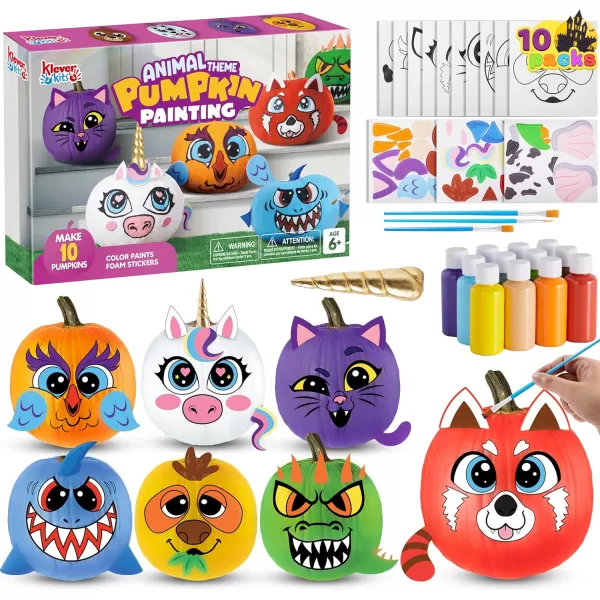 Klever Kits Halloween Pumpkin Decorating Kit Halloween Party Supplies Arts Crafts Party Favor for Kids DIY Pumpkin Painting Kit with 10 Animal Designs Coloring Craft Games Classroom Activities