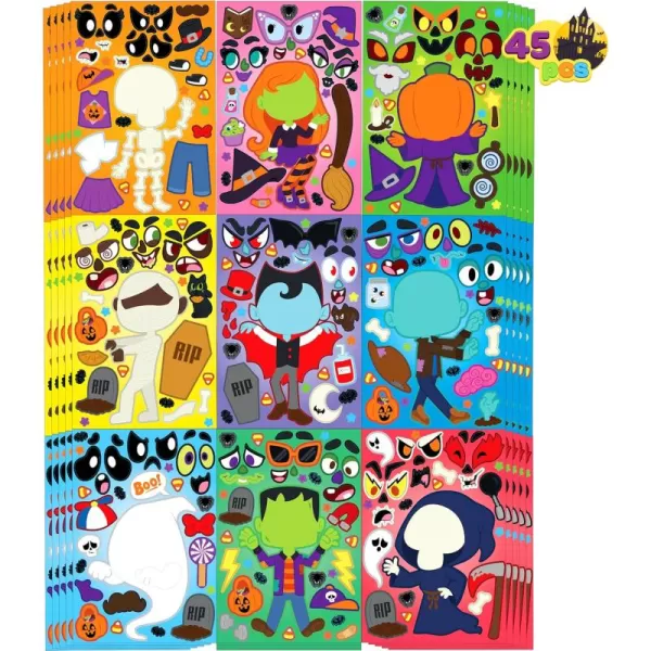 JOYIN 45 Pcs Halloween Make a Face Stickers Halloween Party Favor for Kids Halloween Art Craft Party Supplies Classroom Activities Goodies Party Games Sticker Sheets with Witch Vampire Designs