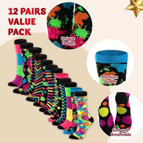 JOYIN 12 Pack Womens Socks Colorful Funky Paint Splash Patterned Crew Socks Funky Paintspalsh ampamp Colorblocks for Christmas Holiday or Birthday Gift