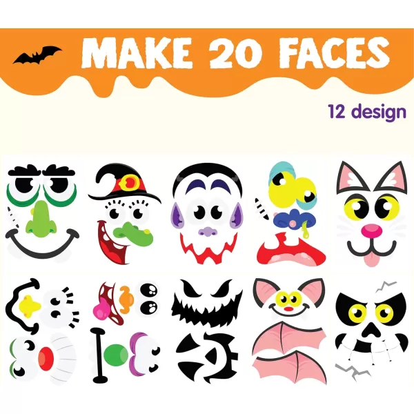JOYIN 20 Pcs Halloween Pumpkin Decorating Stickers Halloween Party Favor for Kid Art Craft Party Supplies JackOLantern Face Sticker Sheets in 12 Designs Classroom Activities Treat Games Goodies