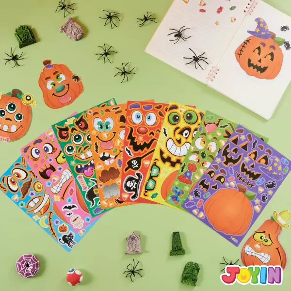 JOYIN 24 Pcs Halloween Pumpkin Decorating Stickers Party Favor for Kids Halloween Art Crafts Party Supplies Pumpkin Face Sticker with 8 Designs Halloween Treats Classroom Activities Games