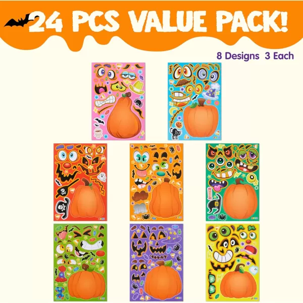 JOYIN 24 Pcs Halloween Pumpkin Decorating Stickers Party Favor for Kids Halloween Art Crafts Party Supplies Pumpkin Face Sticker with 8 Designs Halloween Treats Classroom Activities Games