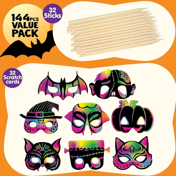 JOYIN 32 Pcs Halloween Rainbow Scratch Masks Crafts for Kids Halloween Party Favors Scratch Art Masks Halloween Party Supplies Scratch Off Paper Animal Masks Classroom Activities Gift Party Games