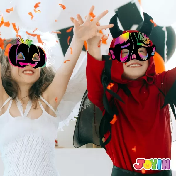 JOYIN 32 Pcs Halloween Rainbow Scratch Masks Crafts for Kids Halloween Party Favors Scratch Art Masks Halloween Party Supplies Scratch Off Paper Animal Masks Classroom Activities Gift Party Games