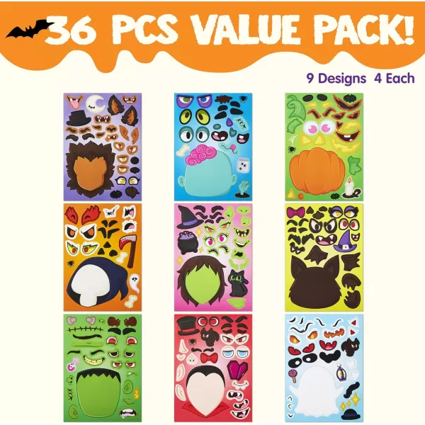 JOYIN 36 PCS Makeaface Sticker Sheets Make Your Own Halloween Characters Mix and Match Sticker Sheets with Vampire Witch Frankenstein Ghost and more Halloween Kids Party Favor Supplies CraftFace Stickers