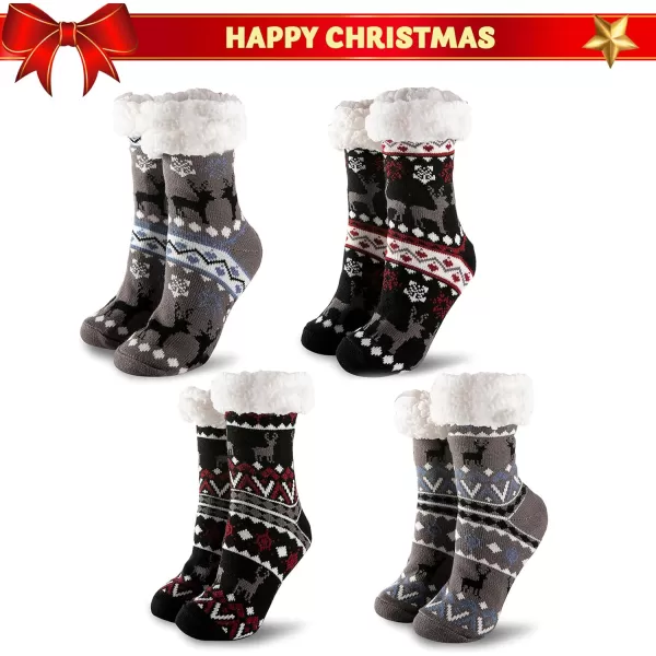 JOYIN 4 Packs Soft Premium Fleece Crew Socks Deer Patterns for Fleece Lining Fuzzy Soft Slipper Socks for Winter Christmas Holiday or Birthday Gift