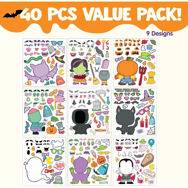 JOYIN 40 Pcs Halloween Make a Face Stickers Halloween Party Favor Kids Craft Party Supplies Class Art Activities Games Goodies Sticker Sheets with Vampire Zombie Pumpkin Witch Full Body Design