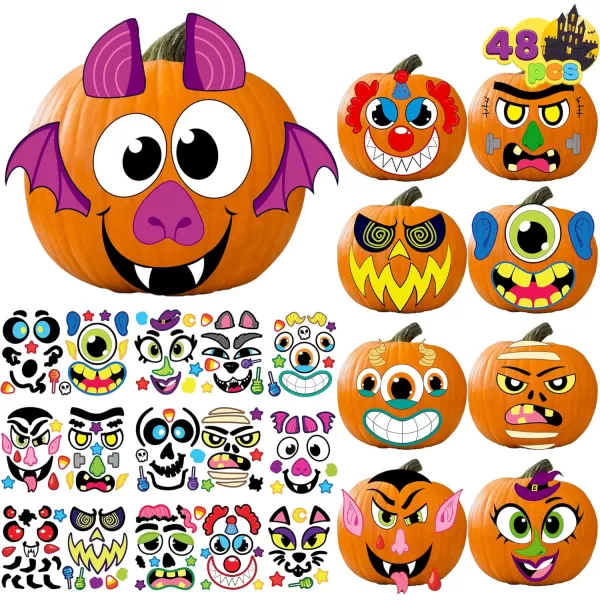 JOYIN 48 Pcs Halloween Pumpkin Stickers Halloween Party Favor Kids Art Craft Party Supplies Funny Pumpkin Decorating Stickers JackOLantern Face Sticker Sheets Classroom Activities Games GoodiesCute Stickers