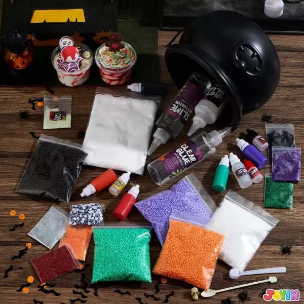 JOYIN Halloween Slime Kit for Kids Halloween Party Favor Art Activities Party Supplies DIY Slime Craft Kit with Cauldron Kettle Spooky Bats Eyeballs Pumpkins Skeletons Spiders Party Game Gift