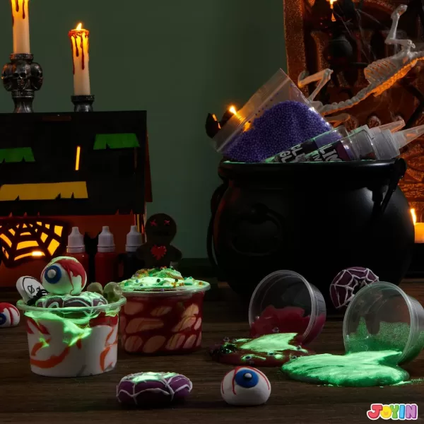 JOYIN Halloween Slime Kit for Kids Halloween Party Favor Art Activities Party Supplies DIY Slime Craft Kit with Cauldron Kettle Spooky Bats Eyeballs Pumpkins Skeletons Spiders Party Game Gift