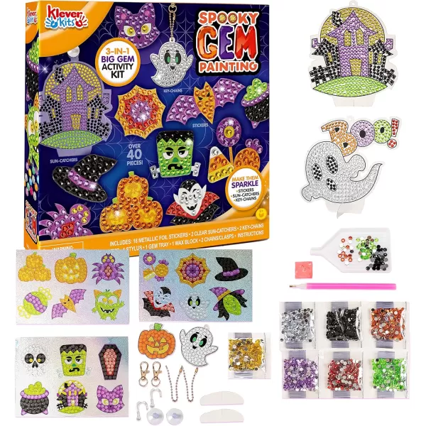 Klever Kits Halloween Gem Art Kit Kids Halloween Art Crafts Party Supplies Diamond Painting Kit with Stickers Suncatchers and Keychains Party Favor DIY Activities School Game Goodies Gift