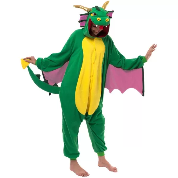 Spooktacular Creations Adult Dragon Pajama Plush Halloween Dragon Jumpsuit Costume with Pink Wing for Halloween Parties
