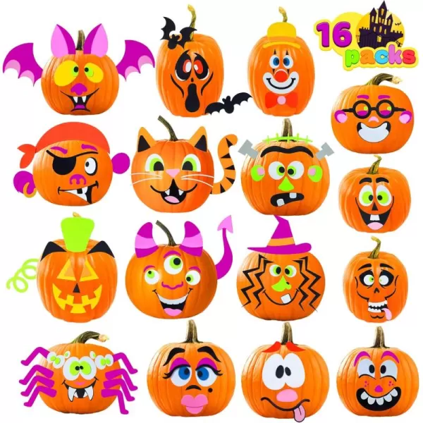 JOYIN 16 Packs Halloween Pumpkin Stickers Foam Craft Kit Halloween Party Favors for Kids Party Supplies Arts Activities Funny Pumpkin Decorating Stickers Jack O Lantern Stickers School Games GiftsFunny