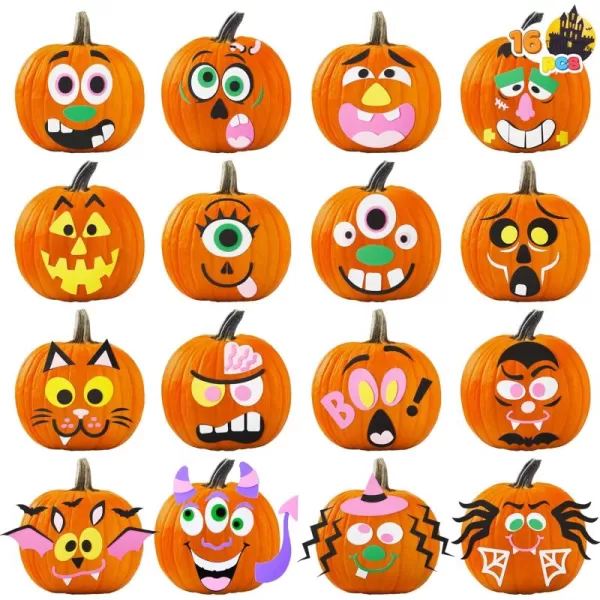 JOYIN 16 Packs Halloween Pumpkin Stickers Foam Craft Kit Halloween Party Favors for Kids Party Supplies Arts Activities Funny Pumpkin Decorating Stickers Jack O Lantern Stickers School Games GiftsCute