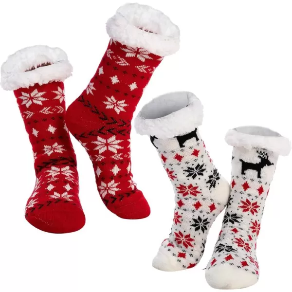 JOYIN 2 Pack Womens Fleece Lining Fuzzy Soft Slipper Socks Soft Premium Fleece Crew Socks for Winter ChristmasRed and White