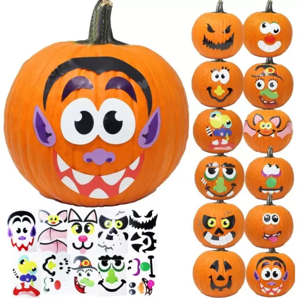 JOYIN 20 Pcs Halloween Pumpkin Decorating Stickers Halloween Party Favor for Kid Art Craft Party Supplies JackOLantern Face Sticker Sheets in 12 Designs Classroom Activities Treat Games Goodies