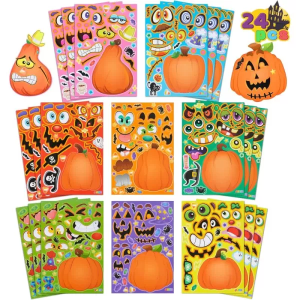 JOYIN 24 Pcs Halloween Pumpkin Decorating Stickers Party Favor for Kids Halloween Art Crafts Party Supplies Pumpkin Face Sticker with 8 Designs Halloween Treats Classroom Activities Games