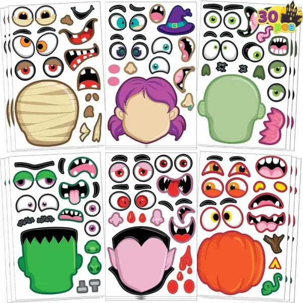 JOYIN 30 Pcs Halloween Make a Face Stickers for Kids Halloween Party Favor Party Craft Supplies Fall Sticker Sheets with 6 Different Facial Expression Classroom Art Activities Treat Games Goodies