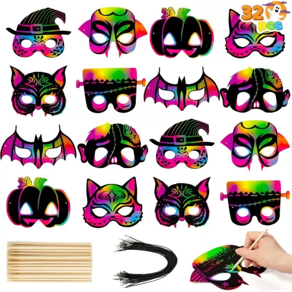 JOYIN 32 Pcs Halloween Rainbow Scratch Masks Crafts for Kids Halloween Party Favors Scratch Art Masks Halloween Party Supplies Scratch Off Paper Animal Masks Classroom Activities Gift Party Games