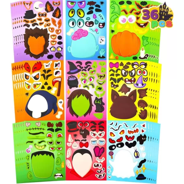 JOYIN 36 PCS Makeaface Sticker Sheets Make Your Own Halloween Characters Mix and Match Sticker Sheets with Vampire Witch Frankenstein Ghost and more Halloween Kids Party Favor Supplies CraftFace Stickers